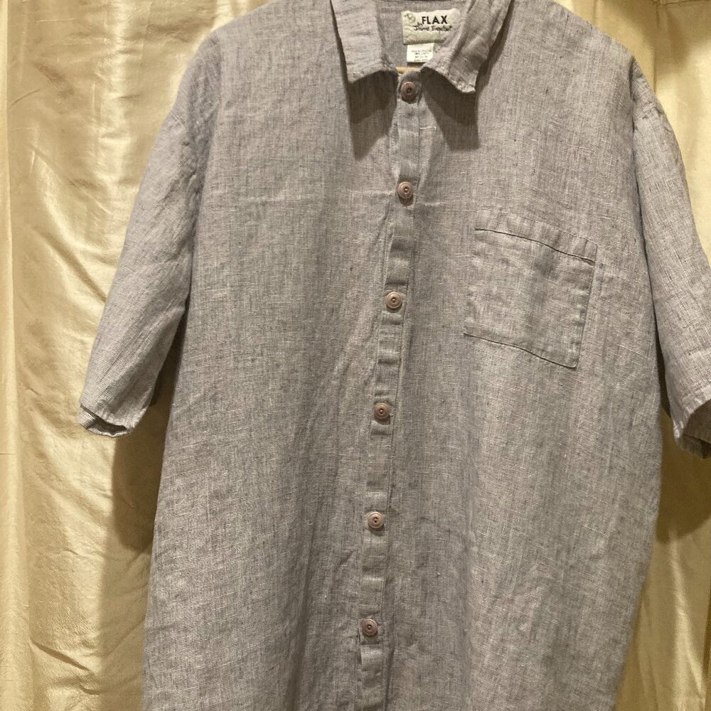 FLAX 100% Linen Short Sleeved Button Down Top, Medium, Light Blue Weave